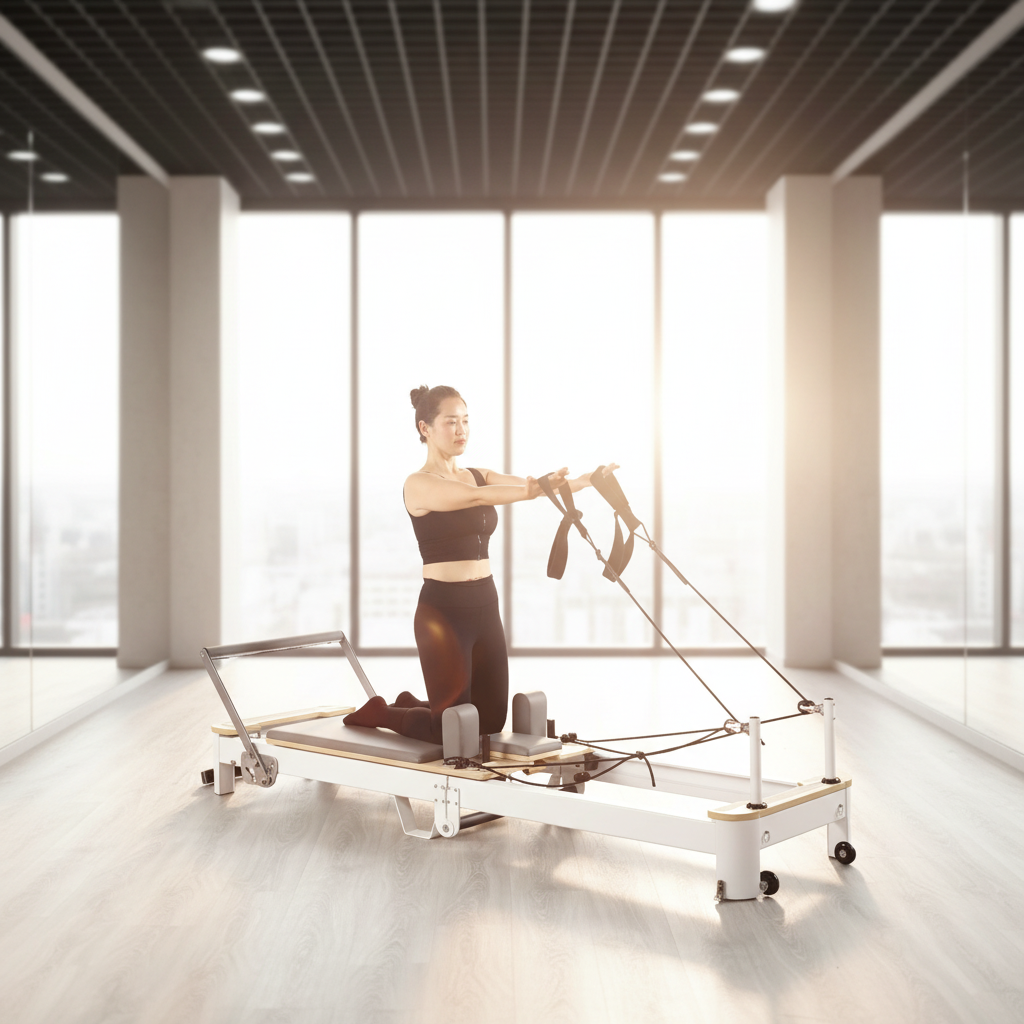 Pilates & Yoga Training Center - Oak Pilates Reformer, White Aluminum Foldable,